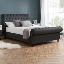 Promo ???? Birlea Castello Charcoal Sleigh Fabric Bed Frame ✔️