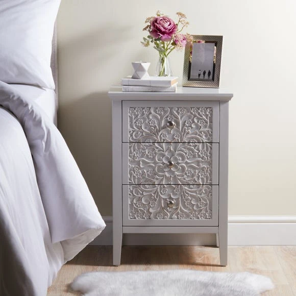 Flash Sale ???? Dunelm Josie Floral 3 Drawer Bedside Table, Grey ????
