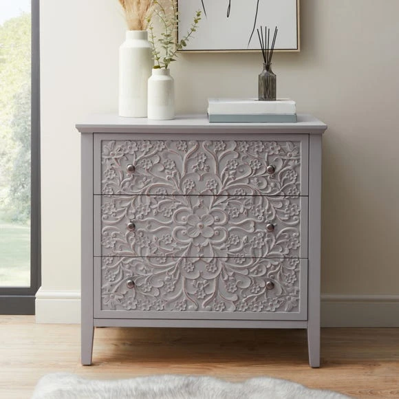 Budget ???? Dunelm Josie Floral 3 Drawer Chest, Grey ⭐