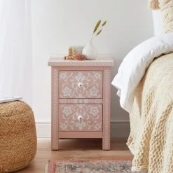 Deals ⌛ Dunelm Mabel 2 Drawer Bedside Table, Blush Patterned ????