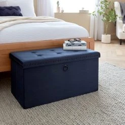 Promo ???? Dunelm Luxe Traveller Navy Velvet Ottoman ????